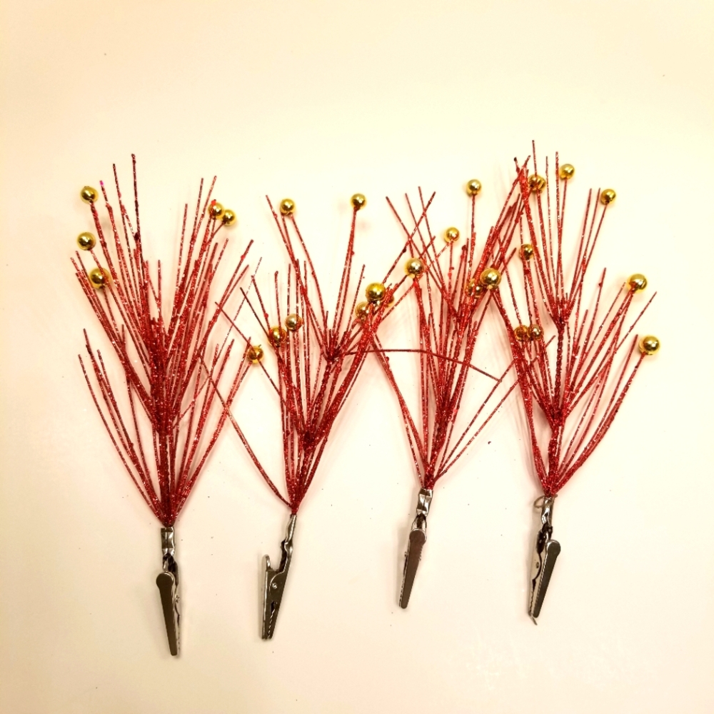 4 pcs Red Glitter Spray Bunches Gold Berries Christmas Thanksgiving Ornaments